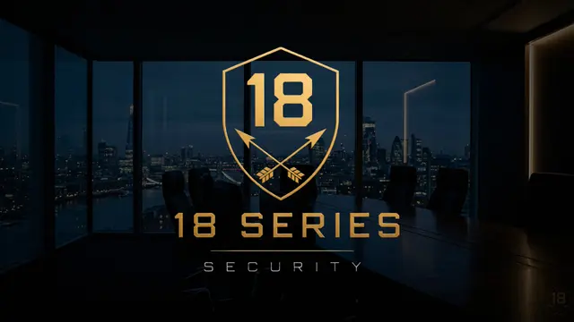 18 Series Security gold shield logo over a city skyline