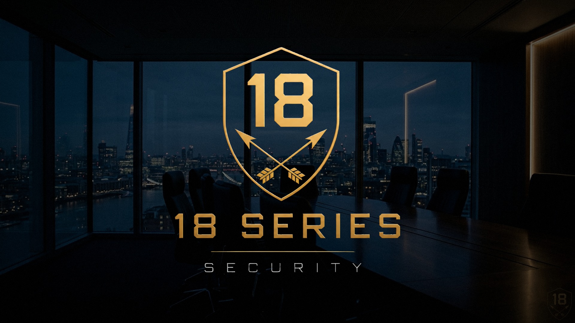 18 Series Security gold shield logo over embossed world map